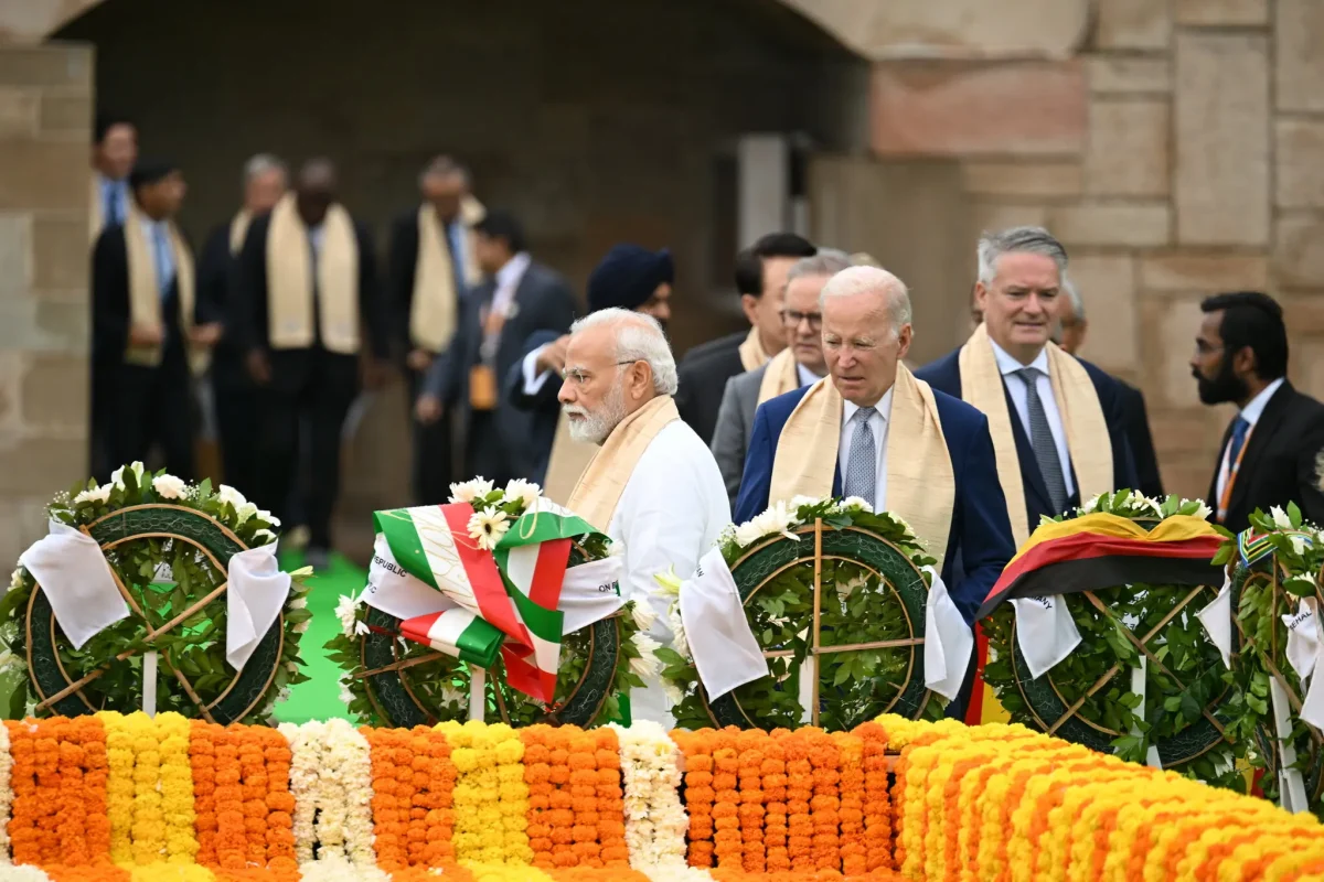 Prime Minister Narendra Modi of India with other G20 leaders in New Delhi on Sunday.